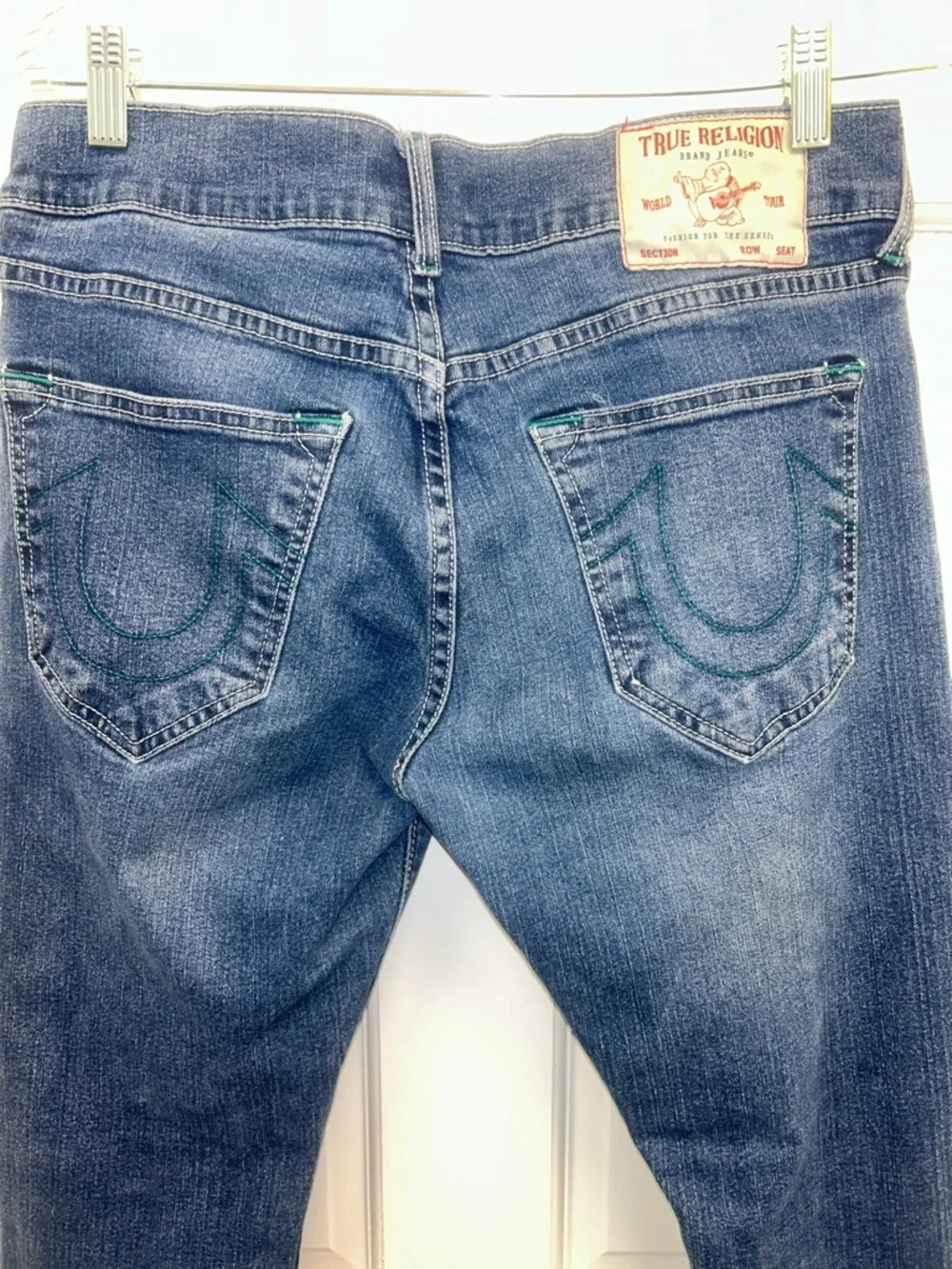 True Religion Ricky Relaxed Straight Leg Blue Jeans Green Stitching Horseshoe